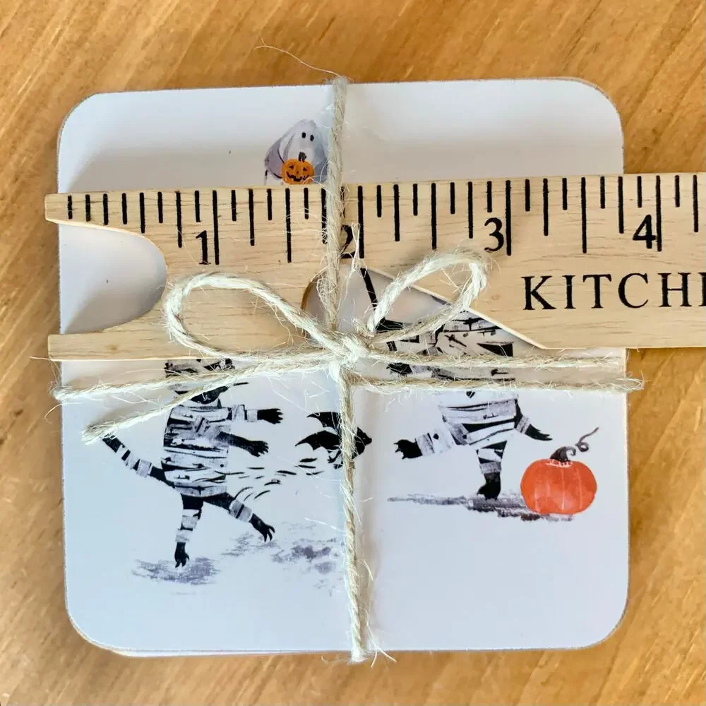 Pottery Barn Doug & Friends Coasters Cork Set of 4 Halloween Skeleton Ghost